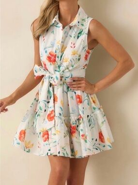 Floral Tie-Waist Sleeveless Mini Dress in White